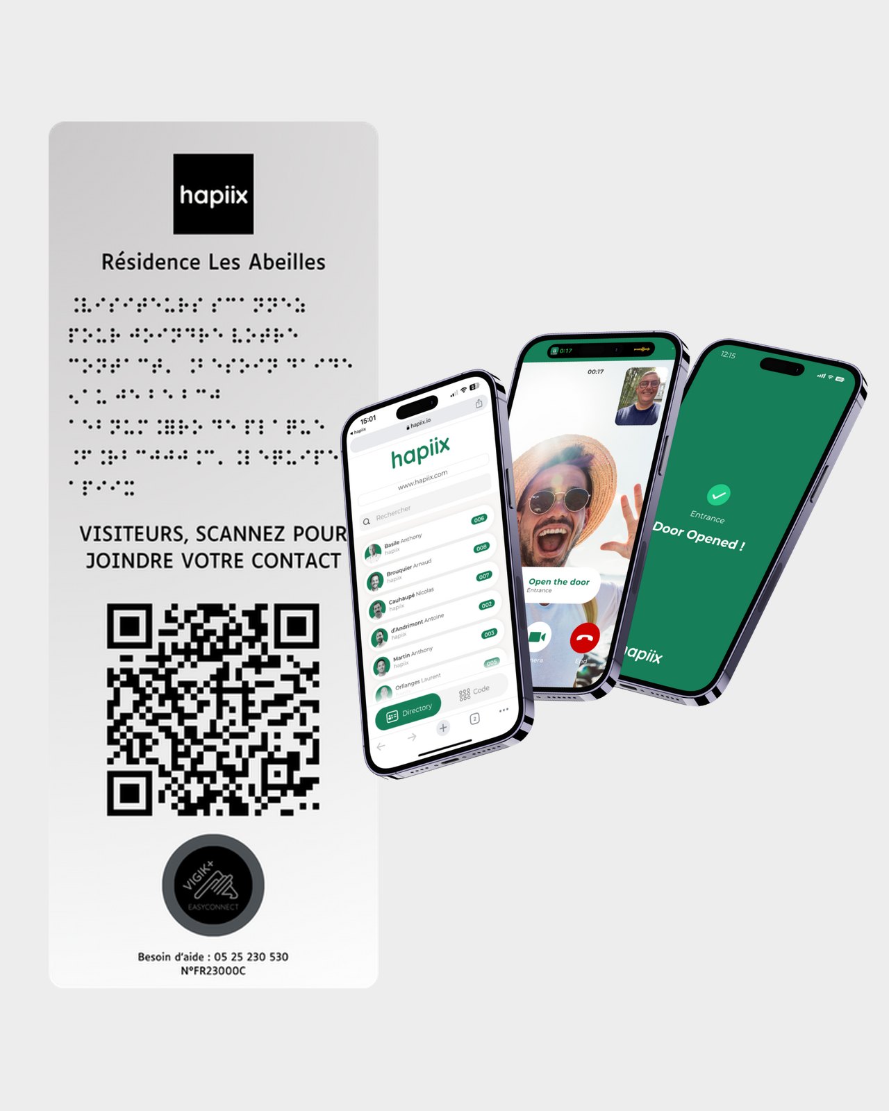 Plaque hapiix avec QR code et braille, et application hapiix d'appel vidéo pour ouvrir la porte