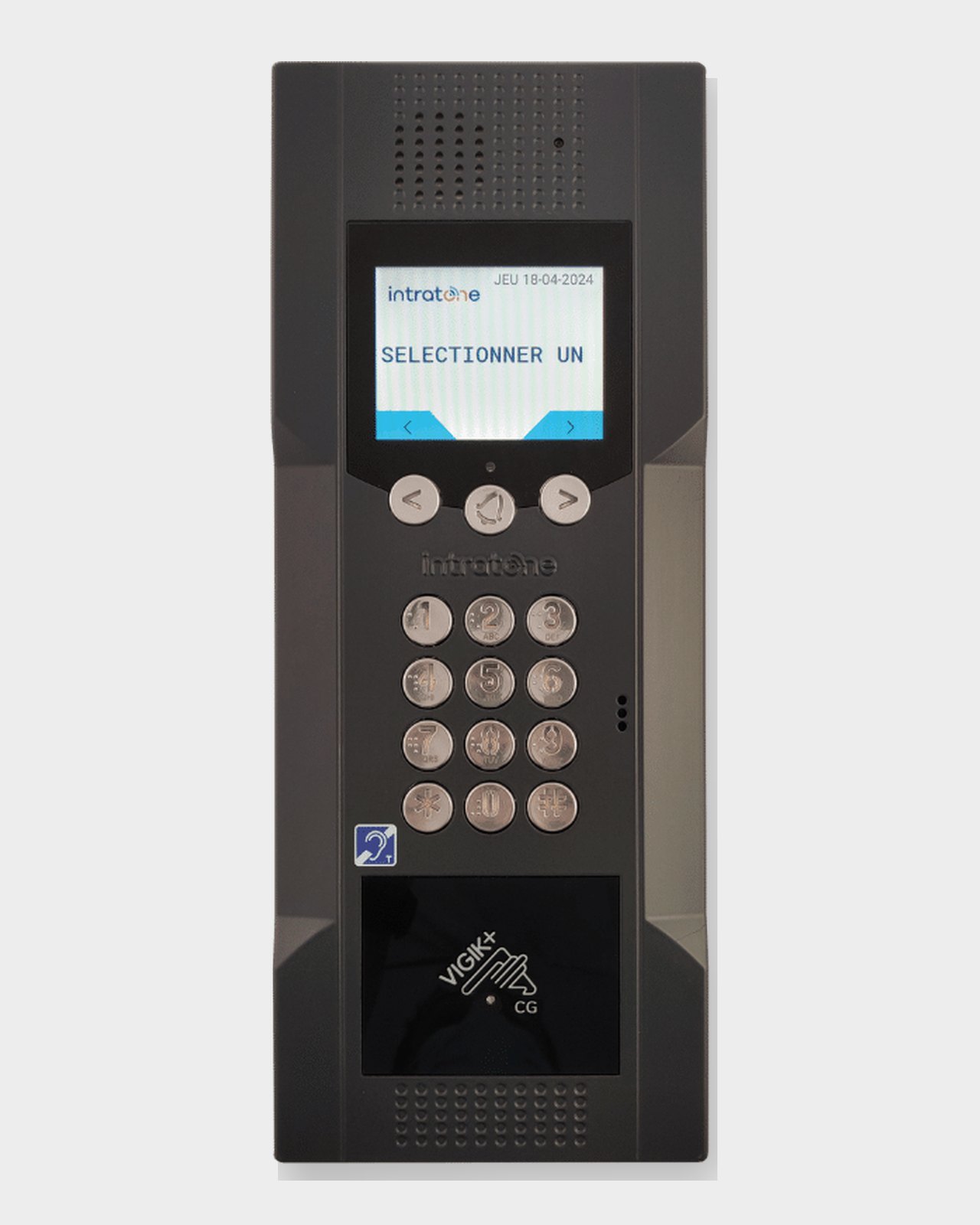Platine d'interphone collective GSM Intratone avec écran, clavier et lecteur Vigik+ (visuel Intratone)